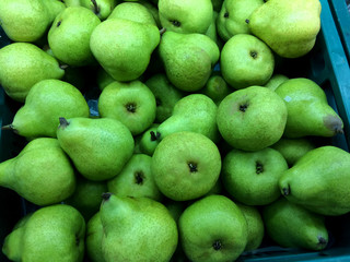 Green pear fruit on market