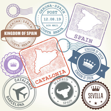 Travel stamps set Barcelona, Catalonia and Spain theme