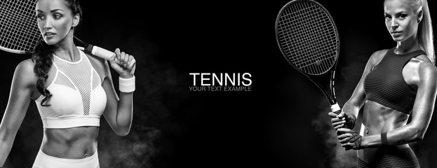 Sport concept. Sports woman tennis player with a racket. Copy space. Black and white photo. Tennis...
