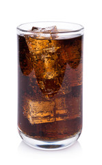 Cola in glass with ice cubes on white background