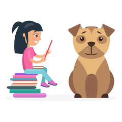 Little Girl Reads from Tablet Beside Huge Dog