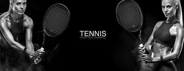 Sport concept. Sports woman tennis player with a racket. Copy space. Black and white photo. Tennis poster.