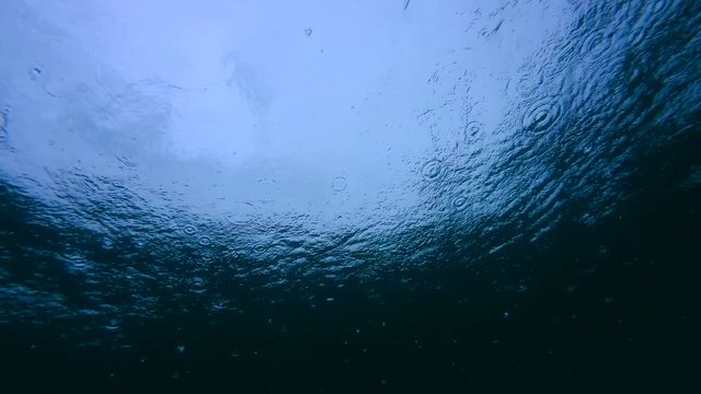 tropical rain in the ocean - view from under water
