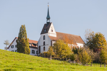 St. Chrischona, Kirche, Bettingen, Riehen, Basel, Wanderweg, Landwirtschaft, Spazierweg, Herbst, Herbstsonne, Obstbäume, Schweiz