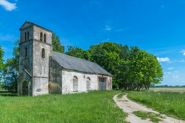 Deteriorated abandoned haunted old church. Dobele, Latvia