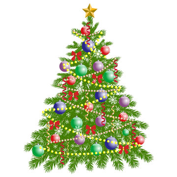 Illustration of a beautiful Christmas tree with toys on a white background