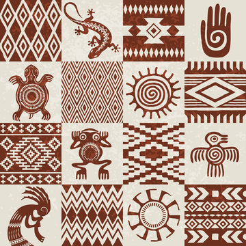 Pieces of American Indians ethnic patterns and symbols compiled in seamless texture. Removable grunge effect.