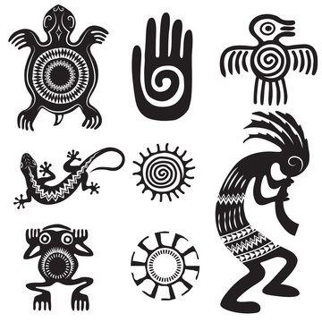 Set of Native Americans ethnic symbols. Aztec symbols. Black and white.