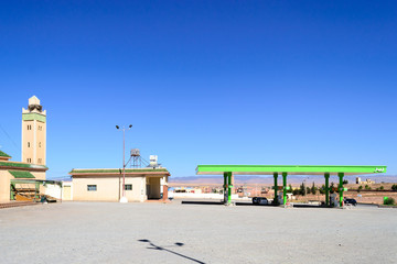 Petrol station with mosque,  Atlas mountains Morocco