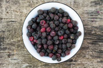 Ripe blackberries in rustic bowl on old wooden background. Top view