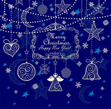 Vintage greeting blue card with golden lacy hanging decoration for 2018 New year