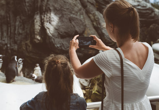 Woman and her daughter doing photos of penguins in the zoo.