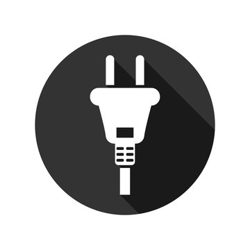 Electric plug icon with long shadow, white isolated on black background, vector illustration.