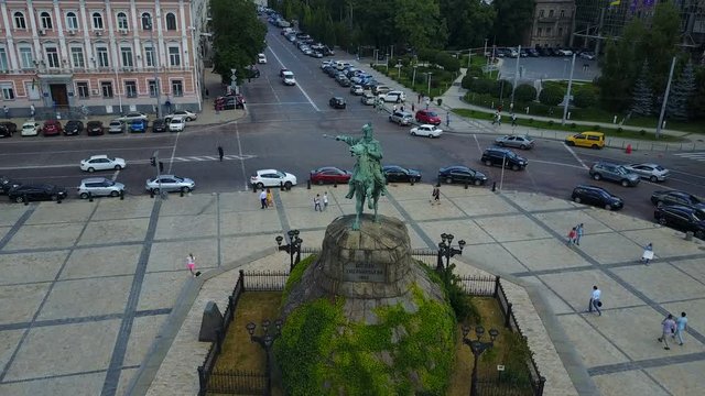 aerial view of Sofiyskaya Square, Bohdan Khmelnytsky Monument in Kiev, Ukraine.