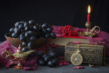 table, grapes, wine, decorations, books, juice, antique, fruit, vintage, candle, plums, candle light, fruit juice, decorative elements