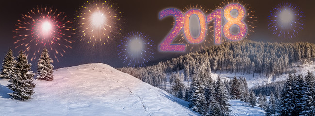 2018 New Year's eve background with colorful, party fireworks and 2018 text written on the sky, outdoors, in a winter landscape with snow and fir trees, at night