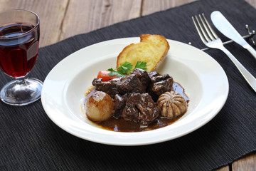 beef bourguignon, beef stewed in red wine, french burgundy cuisine