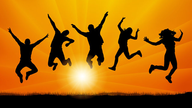 People friends jumping at sunset, silhouette vector