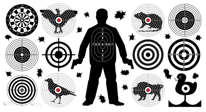 Target for shooting set, man with arms, shoot gun aim animals people man isolated. Sport Practice Training. Sight, bullet holes. Dartboard, archery. vector illustration.