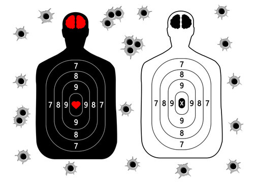 Target for shooting, human silhouette set, bullet holes. Vector illustration isolated