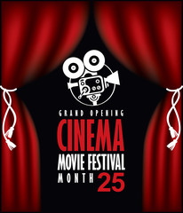 Vector cinema festival poster with Red Curtains and projector lights. Movie background with words cinema movie festival grand opening. Can used for banner, poster, web page, background