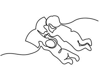 Continuous line drawing. Happy toddler boy reading book with her newborn baby brother. Vector illustration