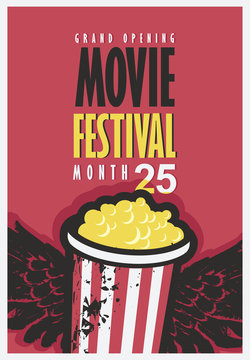 Vector movie festival poster with popcorn bucket with wings in grunge style. Cinema snack. Cinema banner with words grand opening. Can used for banner, poster, web page, background