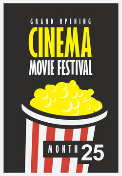 Vector movie festival poster with popcorn bucket on the black background. Cinema snack. Cinema banner with words grand opening. Can used for banner, poster, web page, background