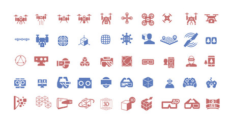 Drone, virtual reality and 3d movie isolated flat vector icons set