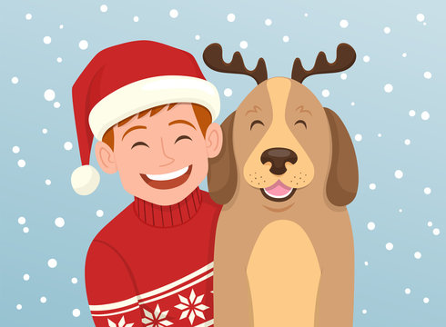 Christmas portrait of a boy with his dog. The boy is wearing a christmas hat and the dog wears a diadem with reindeer horns. Vector illustration.