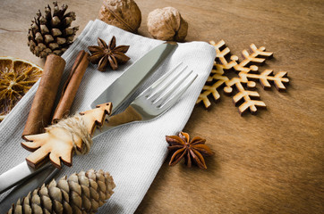 Christmas table setting with. Winter holiday