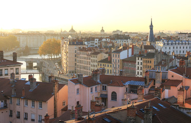 Autumn sunrise over Vieux Lyon and Croix Rousse in the city of Lyon, France.