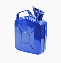 Blue jerrycan on white background. Canister for gasoline, diesel gas.