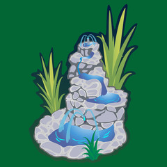 Part from Set of outdoors fountain for gardening, spring and summer plants around garden waterfall, autumn back yard decorative stone statue vector illustration