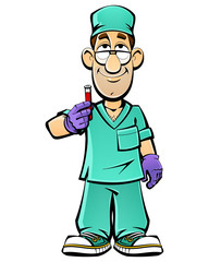 Cartoon doctor is studying a blood test in a test tube.