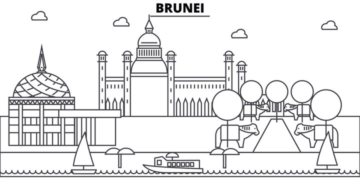 Brunei architecture skyline: buildings, silhouette, outline landscape, landmarks. Editable strokes. Flat design line banner, vector illustration concept. 