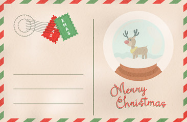 Fototapeta na wymiar Merry Christmas retro snow globe holiday postcard