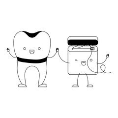 implant tooth and dental floss in cartoon holding hands in black silhouette