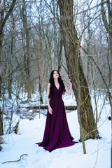 A young woman in an elegant burgundy evening dress in winter among trees and snow conceals a riddle