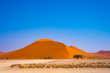 Fototapeta na wymiar Tourists climbing sand dune at Sossusvlei, Namib desert, Namib Naukluft National Park, Namibia. Traveling people, adventure and vacations in Africa.