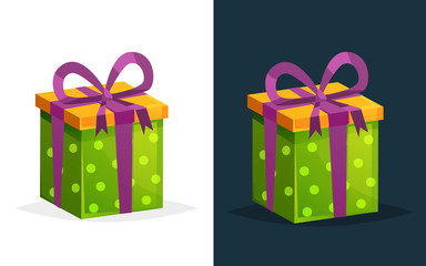 Festive gift in rectangular box with colored pattern and ribbon.