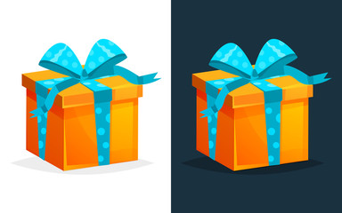 Festive gift in rectangular box with colored pattern and ribbon.