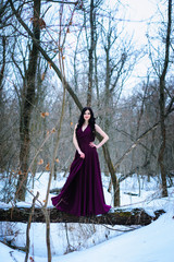 A young woman in an elegant burgundy evening dress in winter among trees and snow conceals a riddle