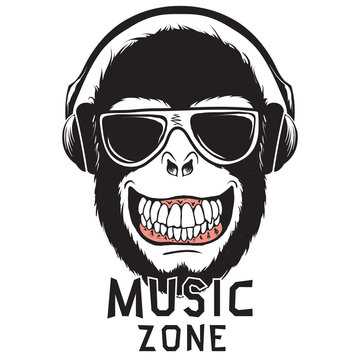 Monkey chimpanzee listening to music through headphones.Prints logo design for t-shirts