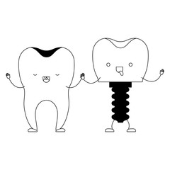 tooth and tooth implant with screw and holding hands in black silhouette