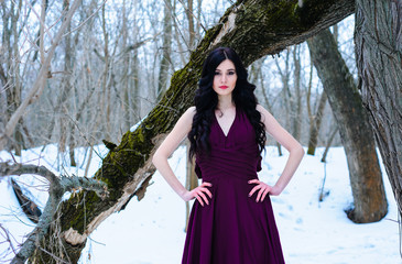 A young woman in an elegant burgundy evening dress in winter among trees and snow conceals a riddle
