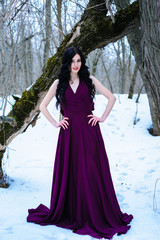 Fototapeta premium A young woman in an elegant burgundy evening dress in winter among trees and snow conceals a riddle
