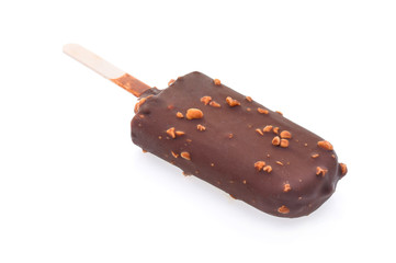 Ice cream covered with chocolate white background.