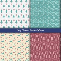 Merry Christmas and Happy New Year Collection of seamless patterns with tree, gift, raindeer and snowfkes background. Vector illustration.