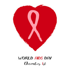 Red heart with red AIDS ribbon from brush strokes inside on white background. World AIDS day in December 1st. Vector illustration